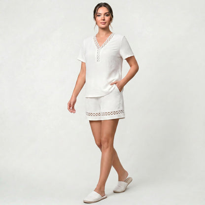 Ensemble d’été en lin pour femme avec short et haut respirants