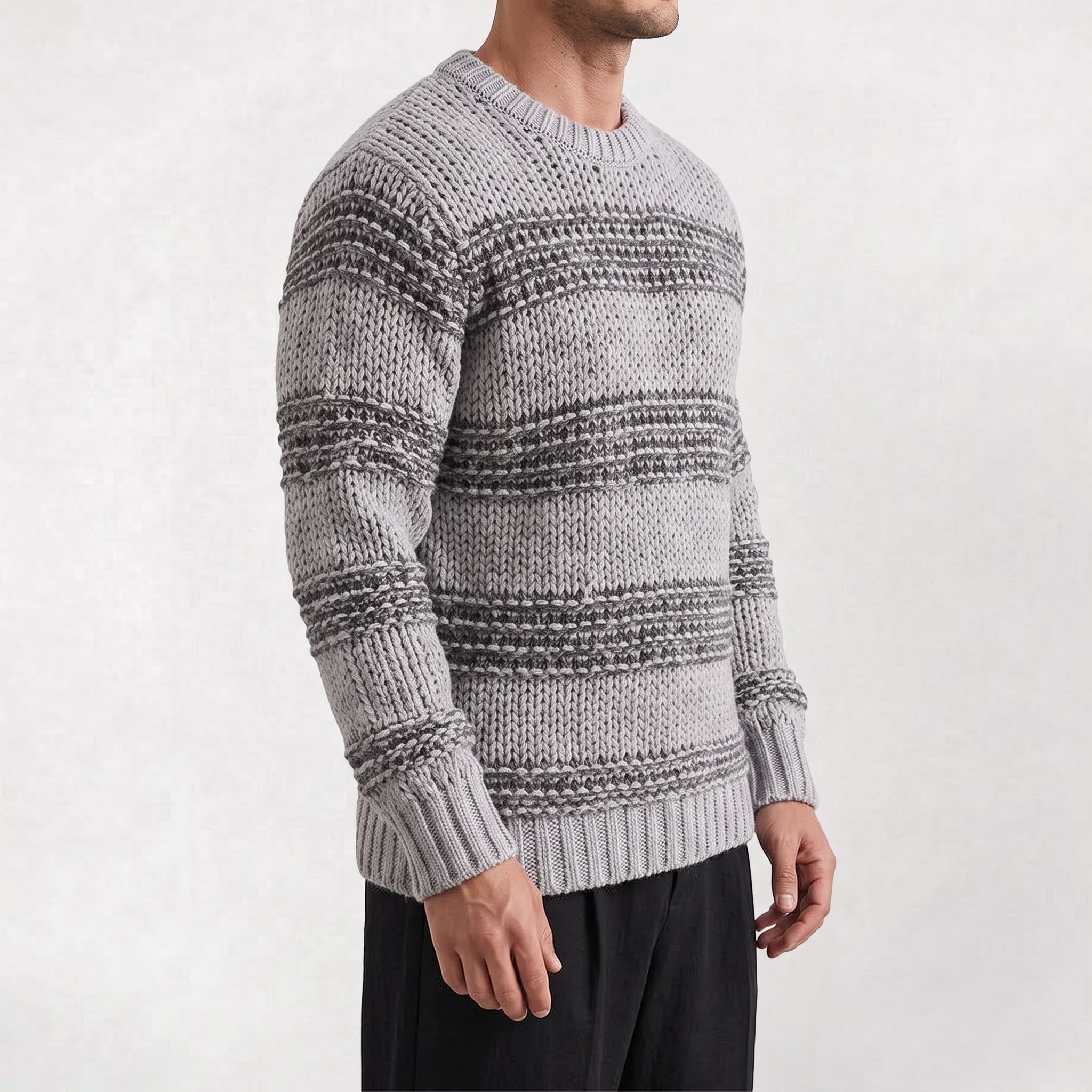 Pull Homme Col Rond Maille Rayée Élégant pour l’Automne et l’Hiver