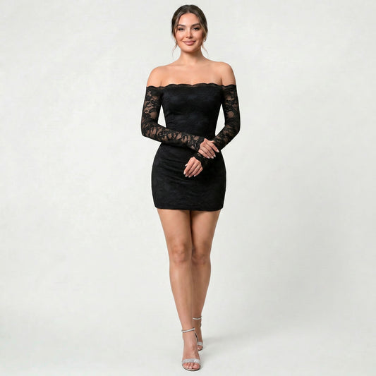 Robe Mini Élégante en Dentelle à Épaules Dénudées Coupe Slim Femme