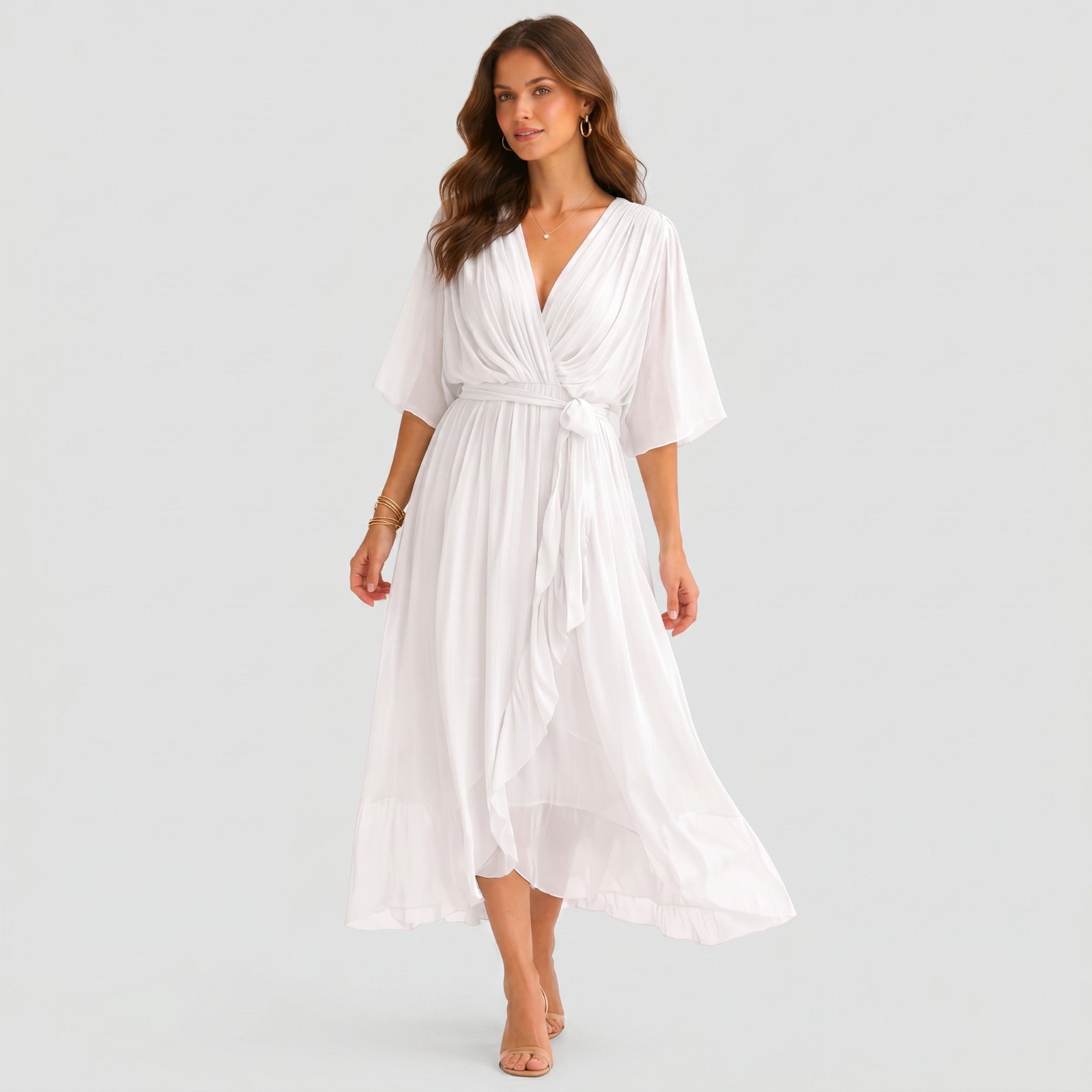 Robe de bal midi aérienne avec décolleté portefeuille et détails de nœud