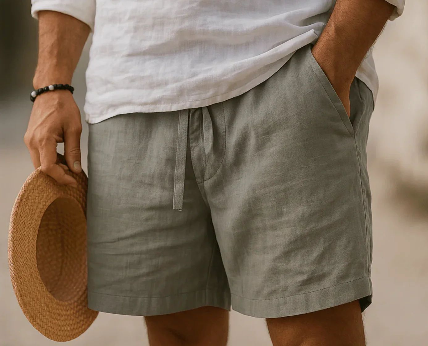 Short en lin homme été Bermuda léger taille élastique avec poches