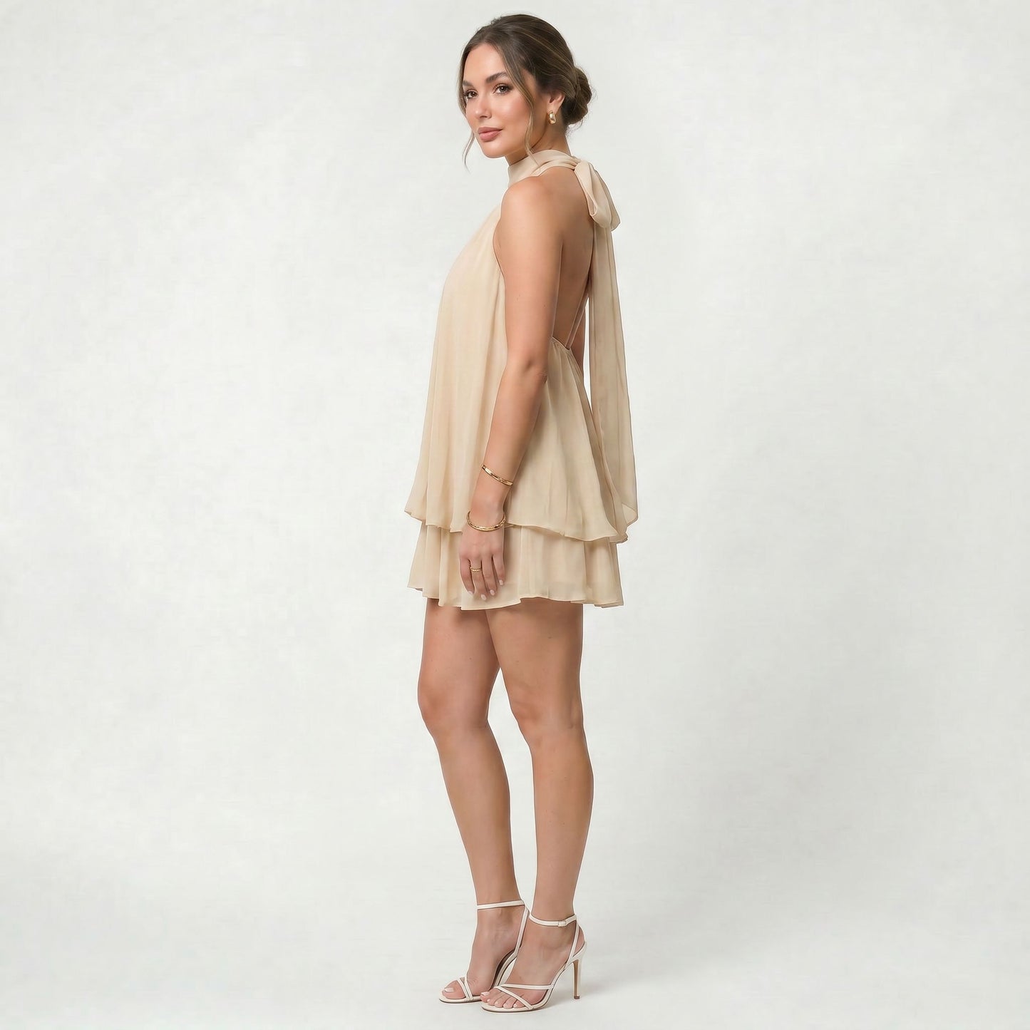 Robe Mini Dos-Nu Femme en Mousseline Légère Coupe Estivale
