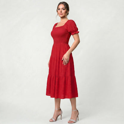 Robe Midi Élégante à Volants pour Femme Taille Haute Coupe Fluide