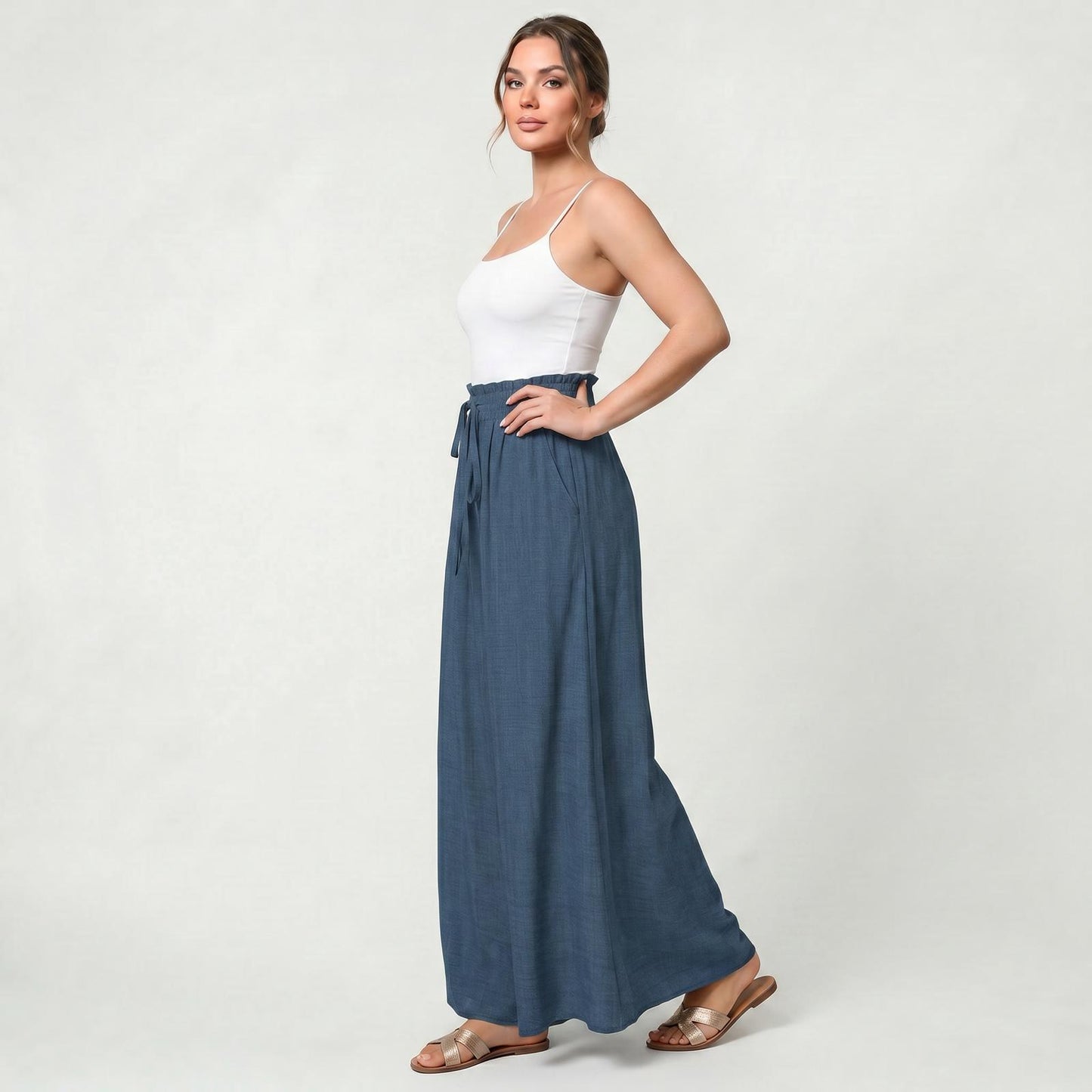 Pantalon Long Femme Coupe Large Taille Haute Style Classique Élégant