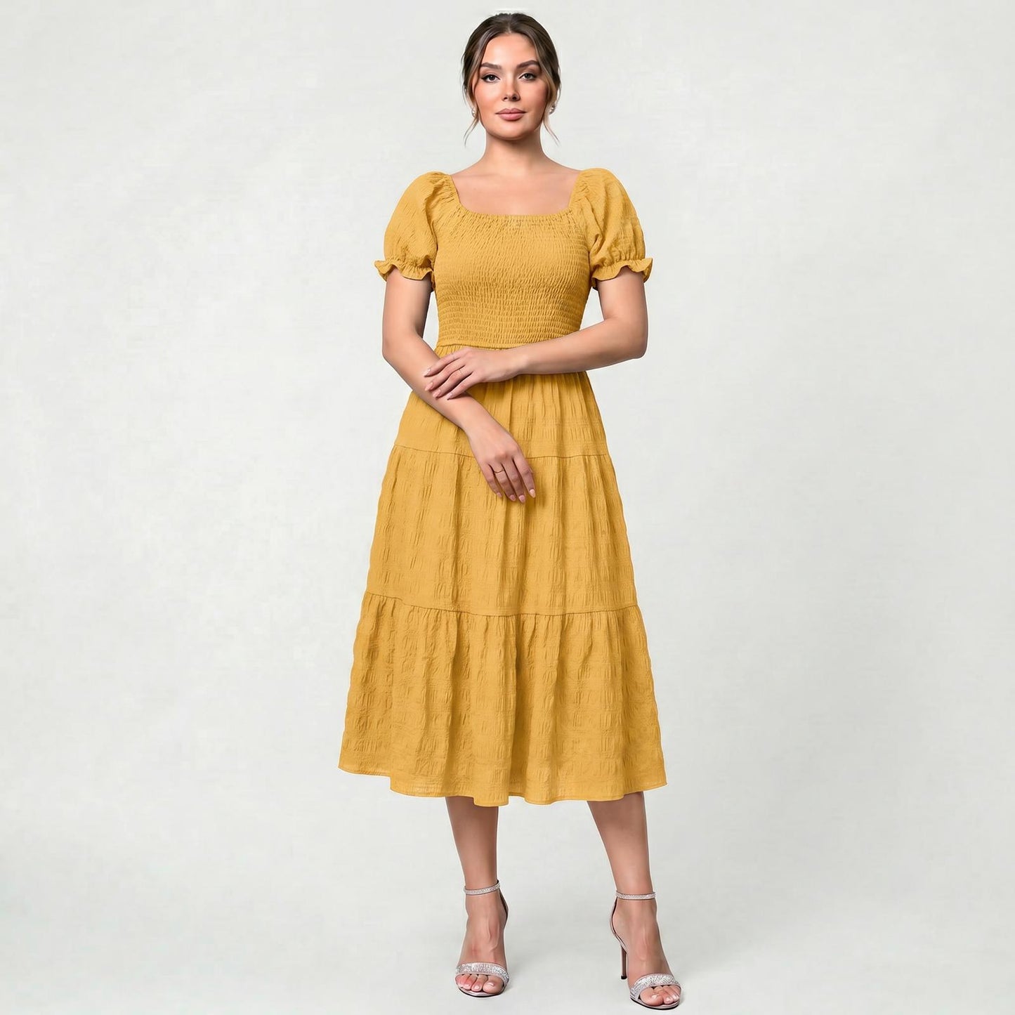 Robe Midi Élégante à Volants pour Femme Taille Haute Coupe Fluide