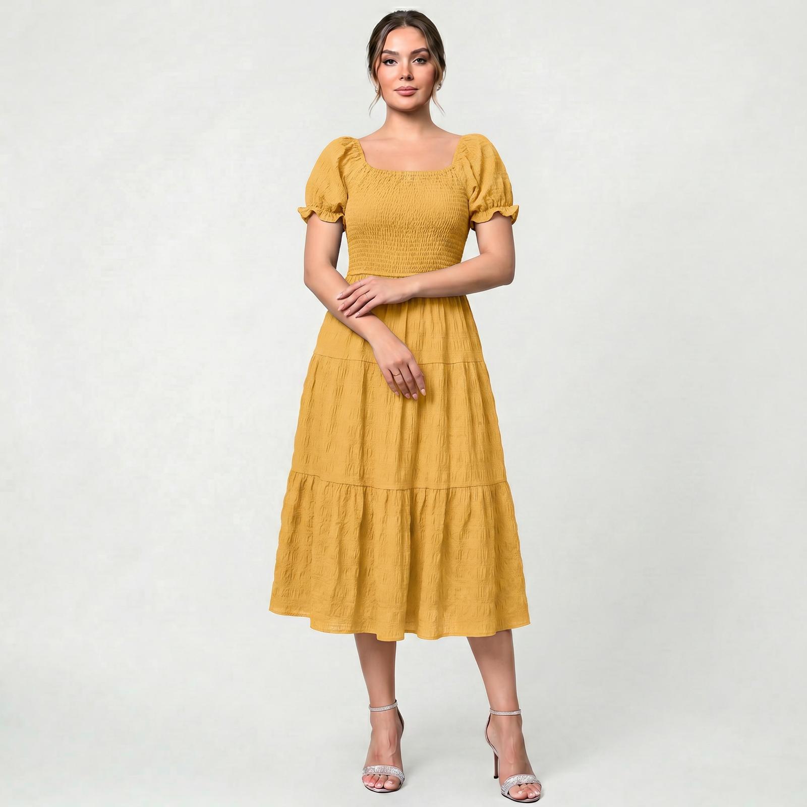 Robe Midi Élégante à Volants pour Femme Taille Haute Coupe Fluide