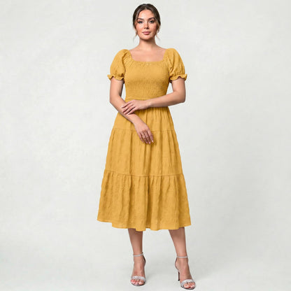 Robe Midi Élégante à Volants pour Femme Taille Haute Coupe Fluide