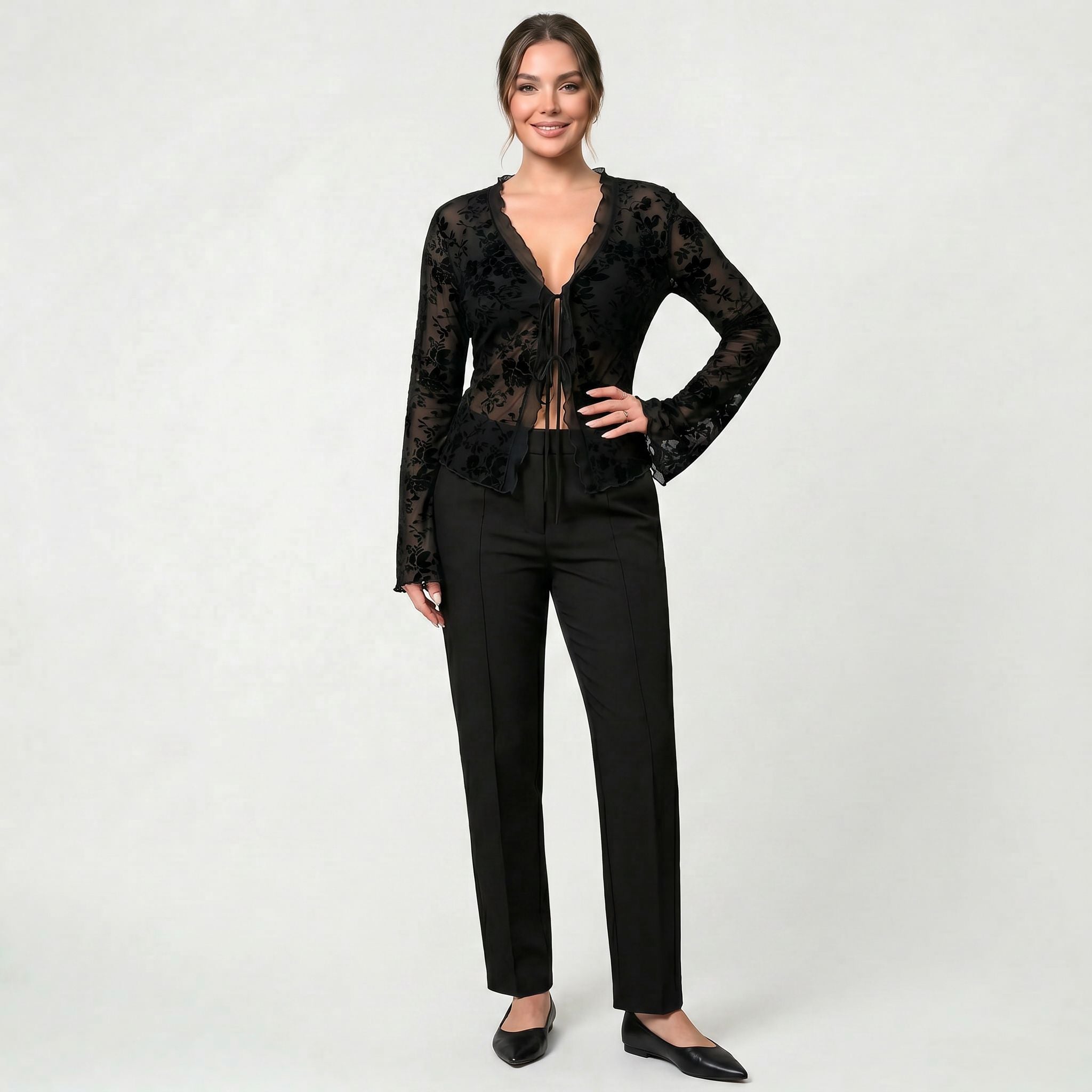 Blouse Noire Ajustée Transparente Élégante pour Femme