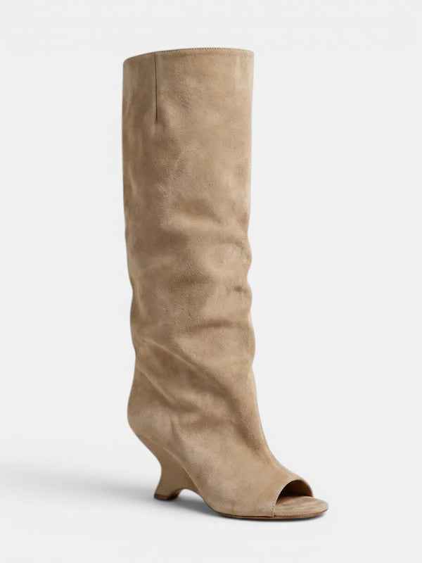 Women's Knee-High Boots with Peep Toe - Sculpted Heel Dress Boots
