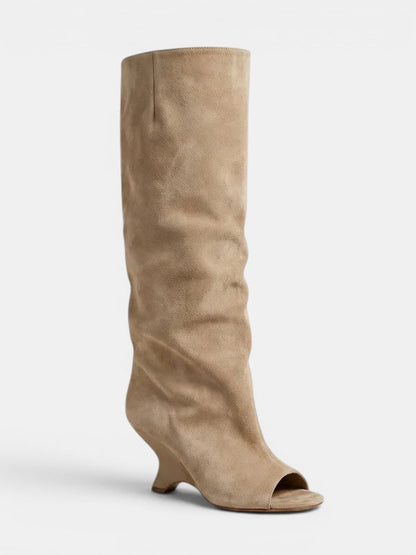 Women's Knee-High Boots with Peep Toe - Sculpted Heel Dress Boots