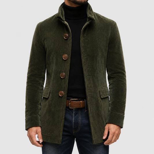 Men's Corduroy Jacket - Stand Collar Button-Up Slim Fit