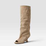 Women's Knee-High Boots with Peep Toe - Sculpted Heel Dress Boots