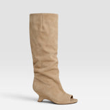 Women's Knee-High Boots with Peep Toe - Sculpted Heel Dress Boots