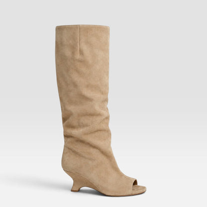 Women's Knee-High Boots with Peep Toe - Sculpted Heel Dress Boots