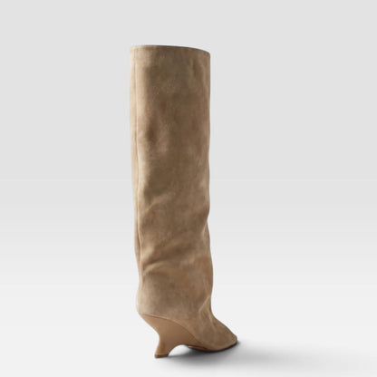 Women's Knee-High Boots with Peep Toe - Sculpted Heel Dress Boots