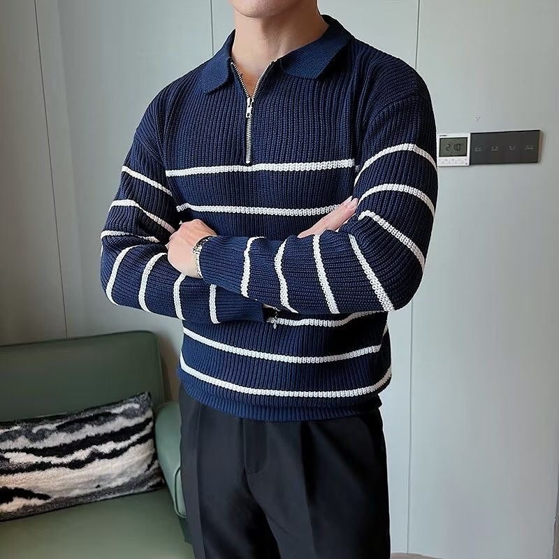 Men's Striped Zip-Neck Jumper - Ribbed Hem and Cuffs Knitwear