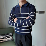 Men's Striped Zip-Neck Jumper - Ribbed Hem and Cuffs Knitwear