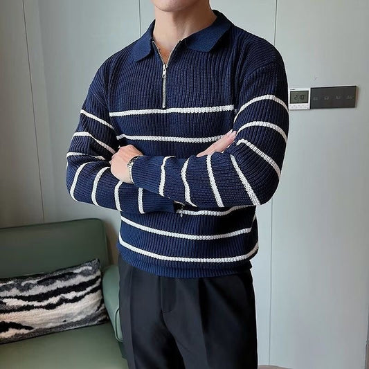Men's Striped Zip-Neck Jumper - Ribbed Hem and Cuffs Knitwear