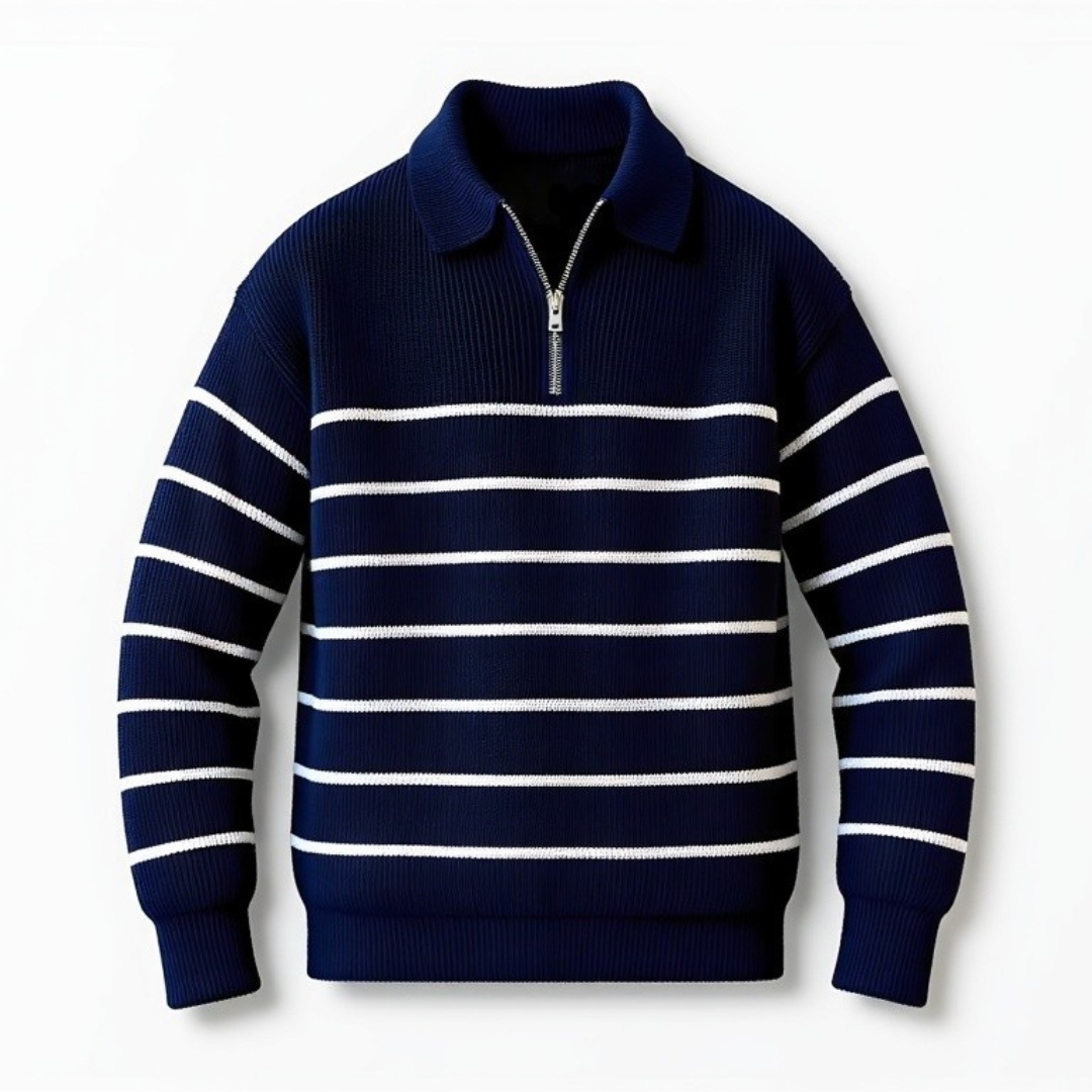 Men's Striped Zip-Neck Jumper - Ribbed Hem and Cuffs Knitwear