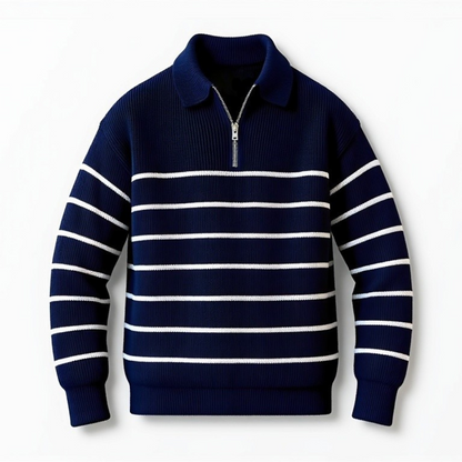 Men's Striped Zip-Neck Jumper - Ribbed Hem and Cuffs Knitwear