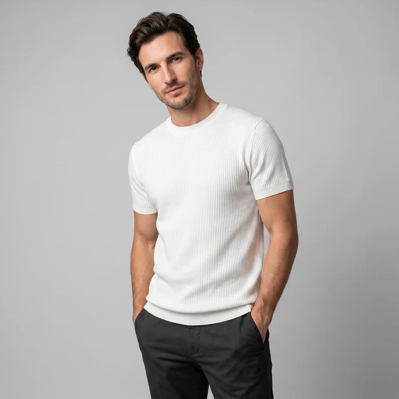 T-shirt tricoté côtelé pour hommes décontracté à col rond
