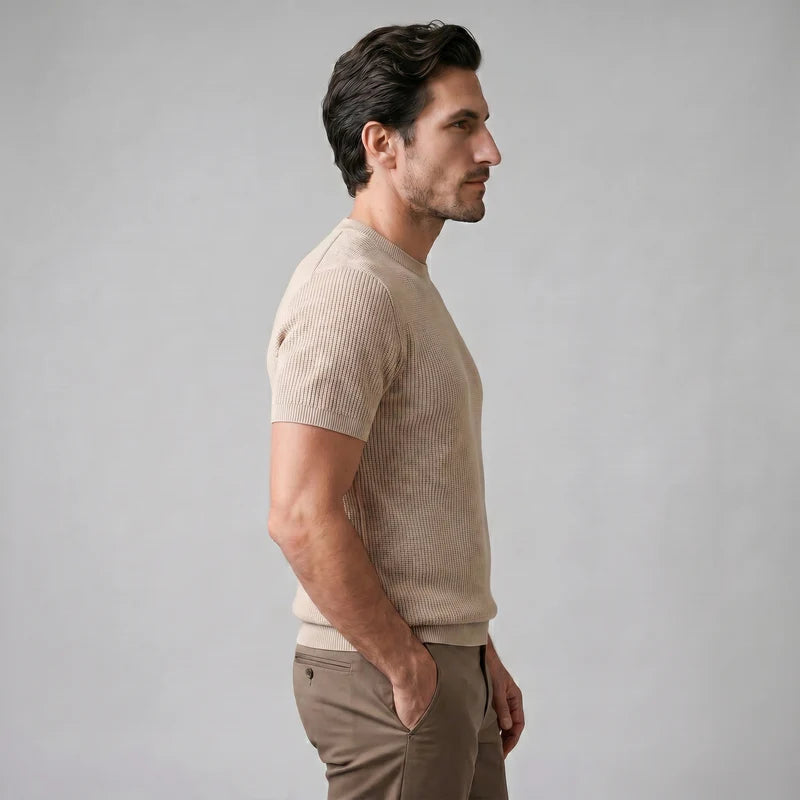 T-shirt tricoté côtelé pour hommes décontracté à col rond