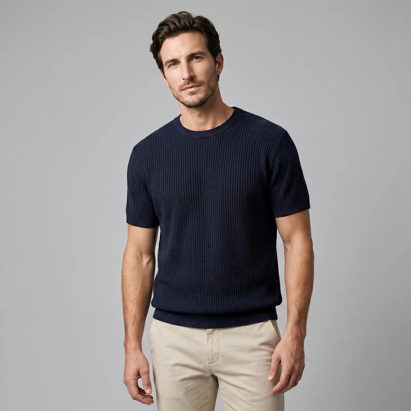 T-shirt tricoté côtelé pour hommes décontracté à col rond