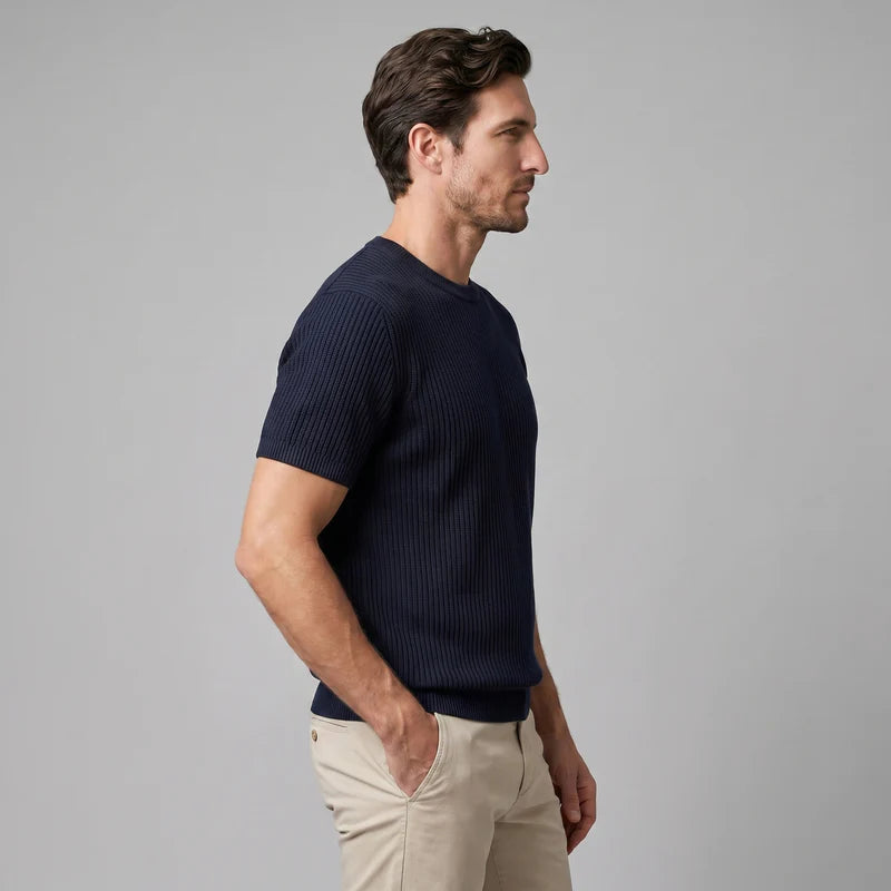 T-shirt tricoté côtelé pour hommes décontracté à col rond