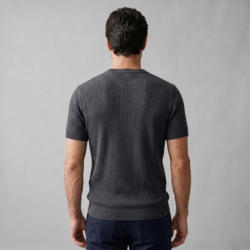 T-shirt tricoté côtelé pour hommes décontracté à col rond