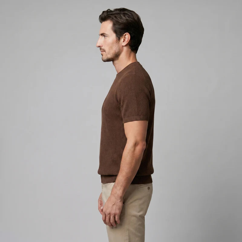 T-shirt tricoté côtelé pour hommes décontracté à col rond