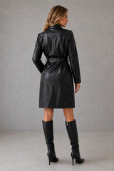 Women's Faux Leather Long Trench Coat - Belted Slim-Fit Overcoat