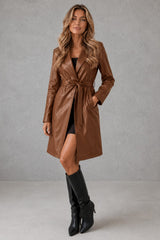 Women's Faux Leather Long Trench Coat - Belted Slim-Fit Overcoat