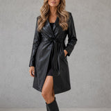 Women's Faux Leather Long Trench Coat - Belted Slim-Fit Overcoat