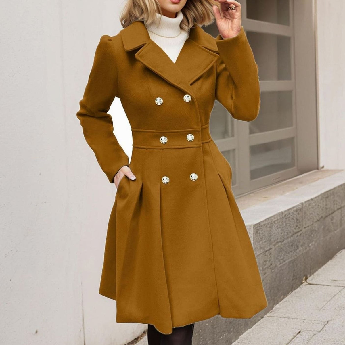 Women's Double-Breasted Flared Coat - Wool-Blend Notch Lapel Longline