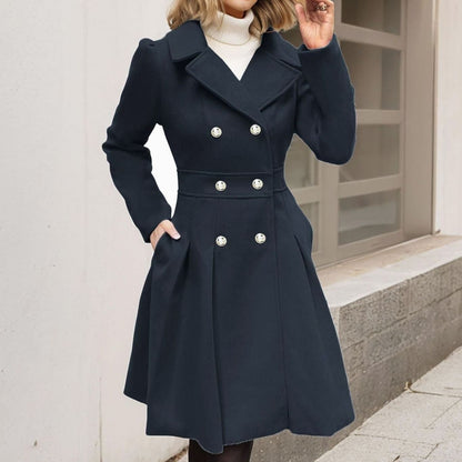 Women's Double-Breasted Flared Coat - Wool-Blend Notch Lapel Longline