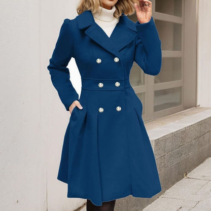 Women's Double-Breasted Flared Coat - Wool-Blend Notch Lapel Longline