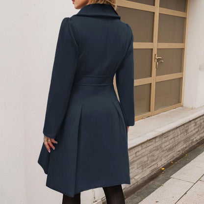 Women's Double-Breasted Flared Coat - Wool-Blend Notch Lapel Longline