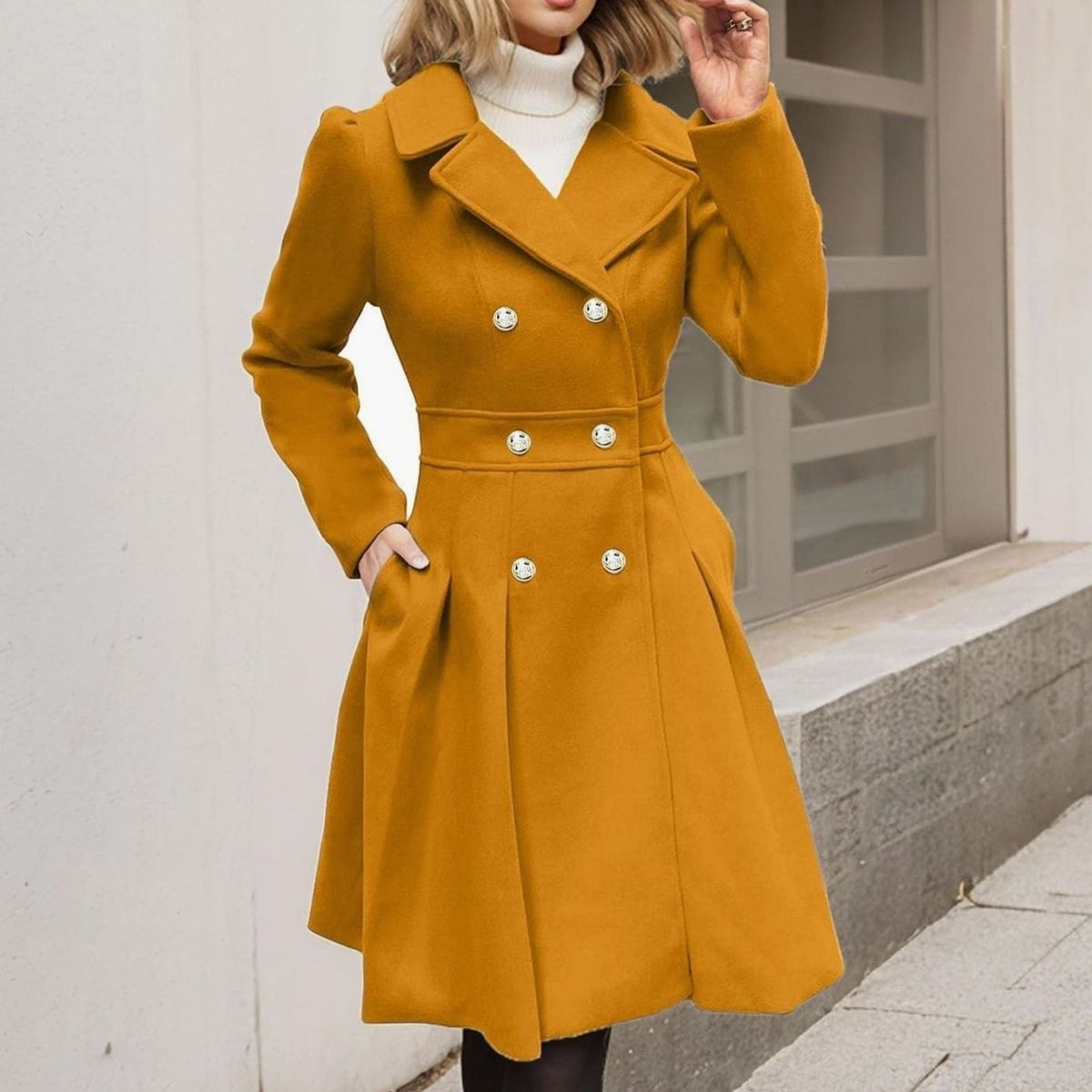 Women's Double-Breasted Flared Coat - Wool-Blend Notch Lapel Longline