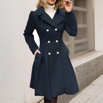 Women's Double-Breasted Flared Coat - Wool-Blend Notch Lapel Longline