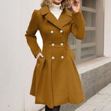 Women's Double-Breasted Flared Coat - Wool-Blend Notch Lapel Longline