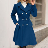 Women's Double-Breasted Flared Coat - Wool-Blend Notch Lapel Longline