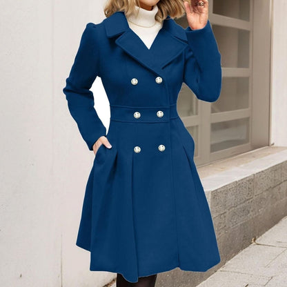 Women's Double-Breasted Flared Coat - Wool-Blend Notch Lapel Longline