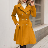 Women's Double-Breasted Flared Coat - Wool-Blend Notch Lapel Longline