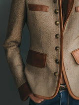 Women's Vintage Herringbone Tweed Leather-Trim Button-Front Jacket